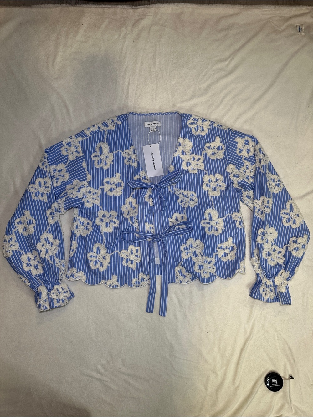 NWT Urban Revivo Blue Striped Floral Embroidered Tie Front Blouse Size XS